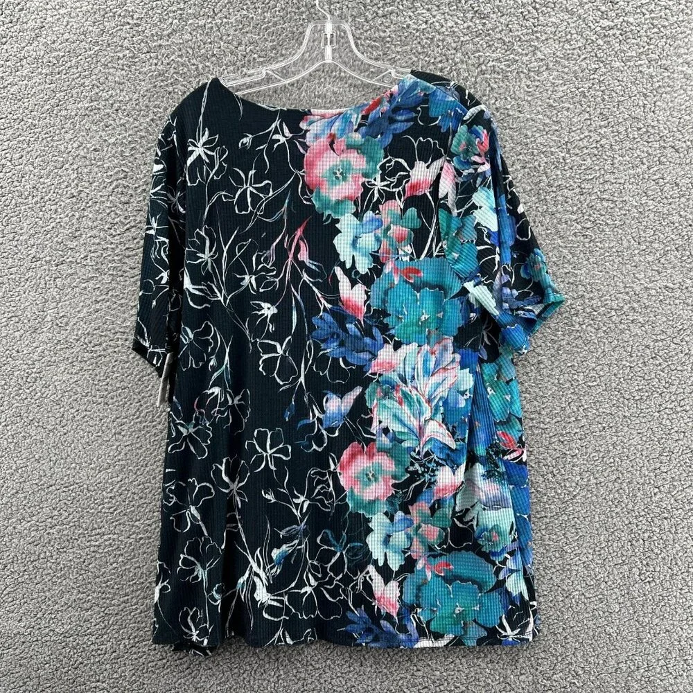 New Catherines V-Neck Blouse Short Sleeve Womens 0X Black Floral Stretch - Picture 2 of 8